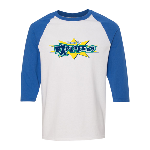 Retro Kansas City Explorers raglan 3/4 sleeve t-shirt featuring vintage WTT tennis team logo in white/royal blue