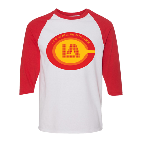 Retro Los Angeles Strings raglan 3/4 sleeve t-shirt featuring vintage WTT tennis team logo in white/red