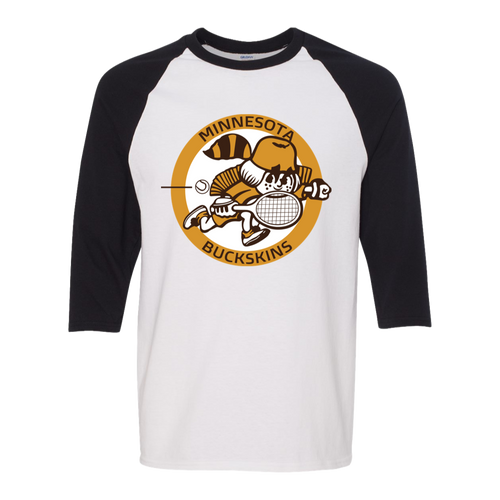 Retro Minnesota Buckskins raglan 3/4 sleeve t-shirt featuring vintage WTT tennis team logo in white/black