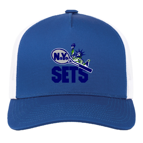 Vintage New York Sets World Team Tennis trucker cap with seamless 5-panel front and retro logo in royal blue/white