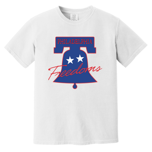 Vintage-style Philadelphia Freedoms WTT T-shirt with retro 1970s tennis team logo graphic in white
