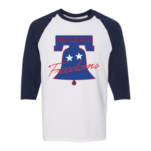 Retro Philadelphia Freedoms raglan 3/4 sleeve t-shirt featuring vintage WTT tennis team logo in white/navy