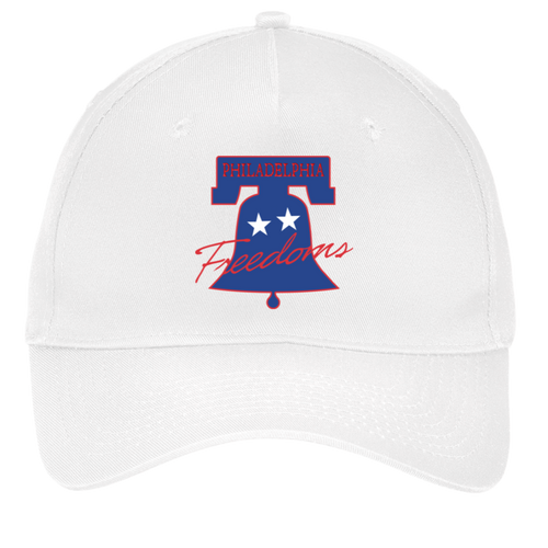 Vintage Philadelphia Freedoms World Team Tennis twill cap with seamless 5-panel front and retro logo in white