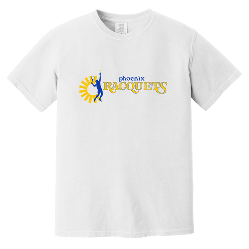 Vintage-style Phoenix Racquets WTT T-shirt with retro 1970s tennis team logo graphic in white