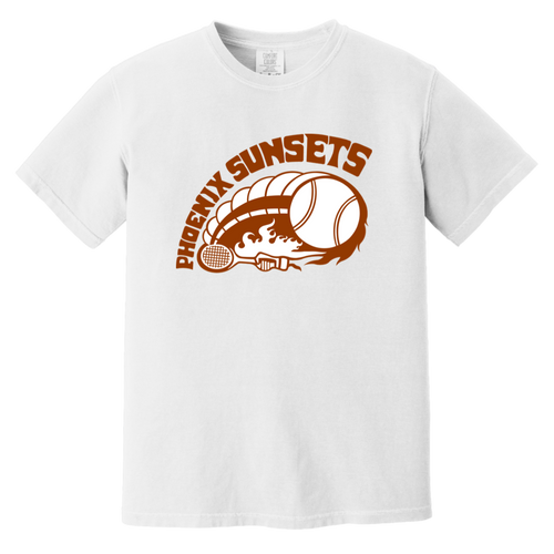 Vintage-style Phoenix Sunsets WTT T-shirt with retro 1970s tennis team logo graphic in white