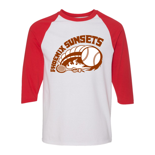 Retro Phoenix Sunsets raglan 3/4 sleeve t-shirt featuring vintage WTT tennis team logo in white/red