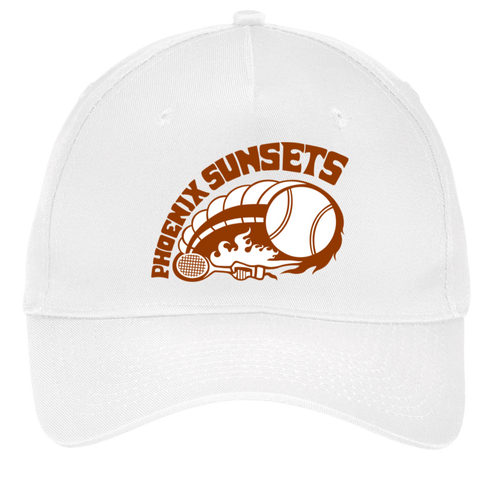 Vintage Phoenix Sunsets World Team Tennis twill cap with seamless 5-panel front and retro logo in white