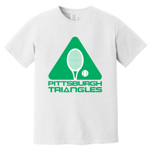 Vintage-style Pittsburgh Triangles WTT T-shirt with retro 1970s tennis team logo graphic in white