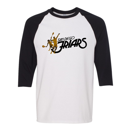 Retro San Diego Friars raglan 3/4 sleeve t-shirt featuring vintage WTT tennis team logo in white/black