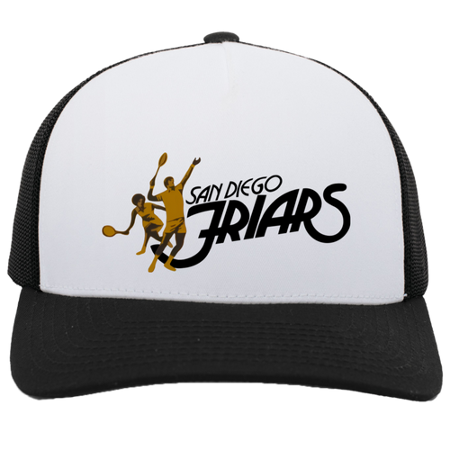 Retro San Diego Friars World Team Tennis trucker cap with seamless 5-panel front and retro logo in white/black