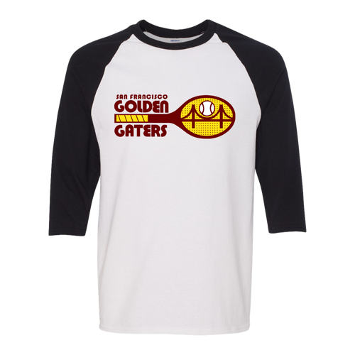 Retro San Francisco Golden Gaters raglan 3/4 sleeve t-shirt featuring vintage WTT tennis team logo in white/black
