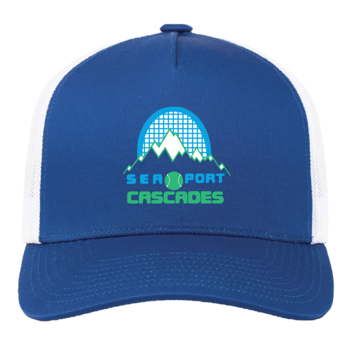 Vintage Sea Port Cascades World Team Tennis trucker cap with seamless 5-panel front and retro logo in royal blue/white