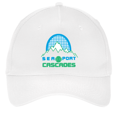 Vintage Sea Port Cascades World Team Tennis twill cap with seamless 5-panel front and retro logo in white