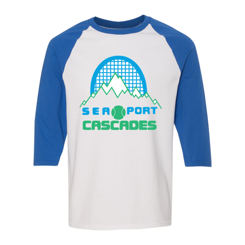 Retro Sea Port Cascades raglan 3/4 sleeve t-shirt featuring vintage WTT tennis team logo in white/royal blue