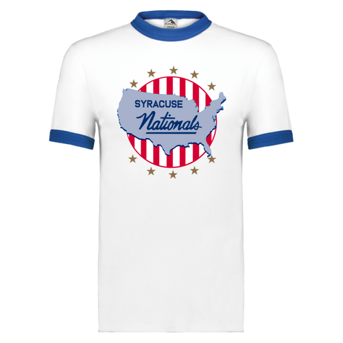 Syracuse Nationals T-shirt Short Sleeve Cotton Tee Shirt NBA Basketball Team color White/Royal Blue