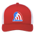 Vintage Baltimore Banners World Team Tennis trucker cap with seamless 5-panel front and retro logo in royal red/white