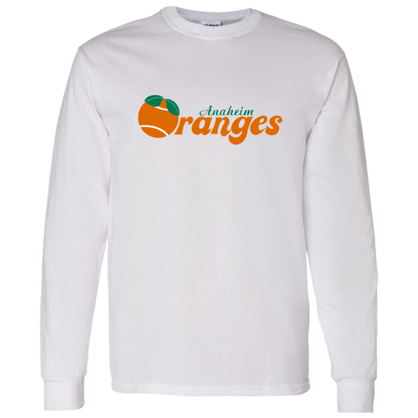 Vintage-style Anaheim Oranges WTT long sleeve T-shirt with retro 1970s tennis team logo graphic in white