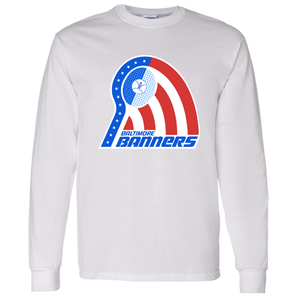 Vintage-style Baltimore Banners WTT long sleeve T-shirt with retro 1970s tennis team logo graphic in white