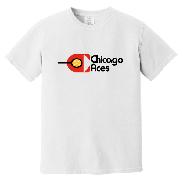 Vintage-style Chicago Aces WTT T-shirt with retro 1970s team logo graphic in white