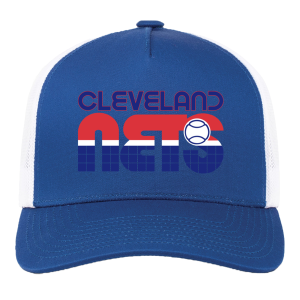 Vintage Cleveland Nets World Team Tennis trucker cap with seamless 5-panel front and retro logo in royal blue/white