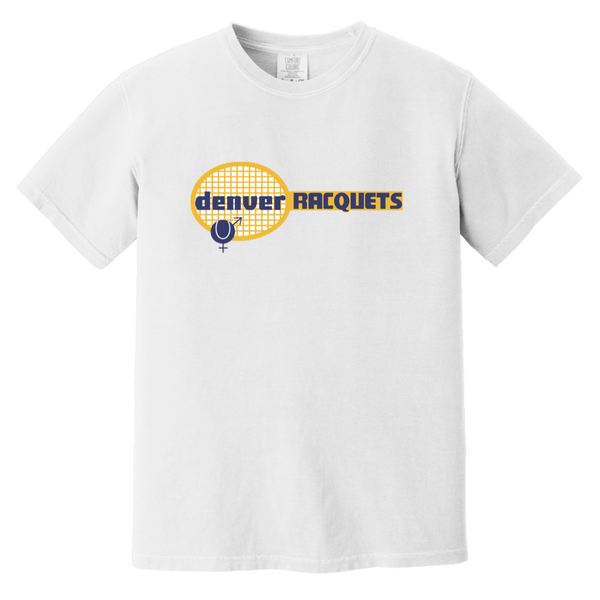Vintage-style Denver Racquets WTT T-shirt with retro 1970s team logo graphic in white