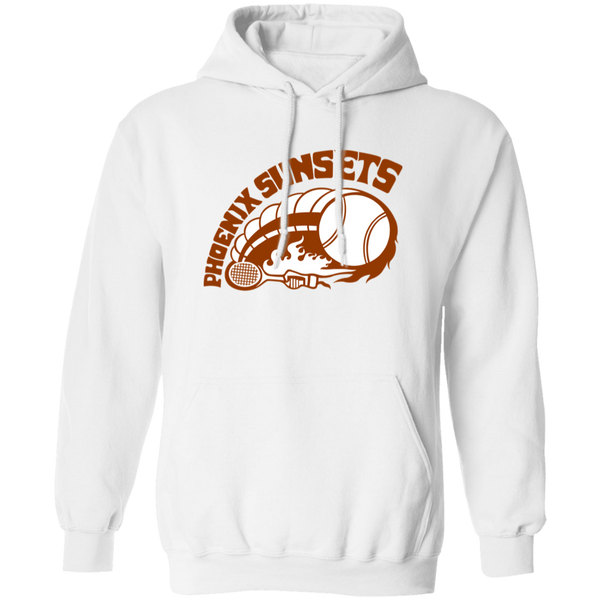 Retro Phoenix Sunsets pullover hoodie featuring vintage WTT tennis team logo in white