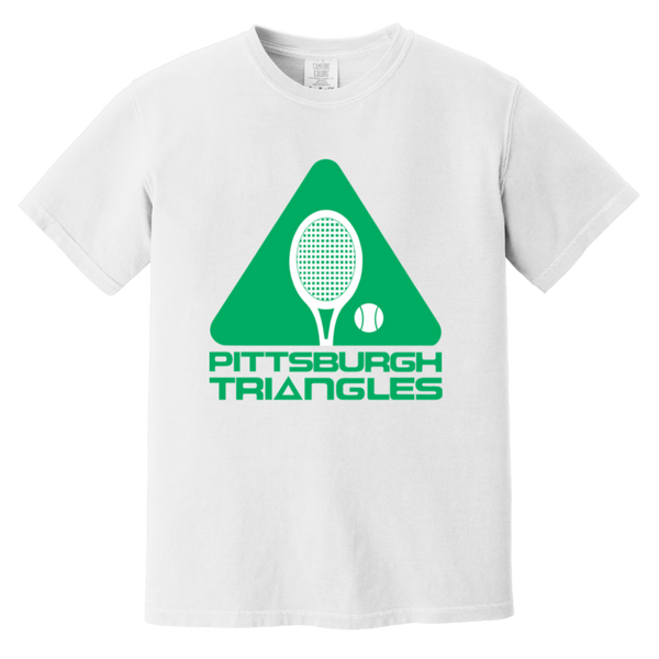 Vintage-style Pittsburgh Triangles WTT T-shirt with retro 1970s tennis team logo graphic in white