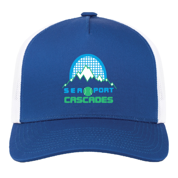 Vintage Sea Port Cascades World Team Tennis trucker cap with seamless 5-panel front and retro logo in royal blue/white