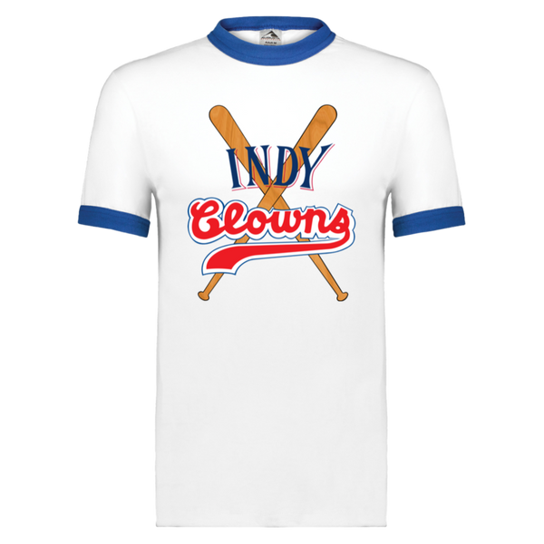Indianapolis Clowns T-shirt Rarified Ringer Negro League Baseball color White/Royal Blue