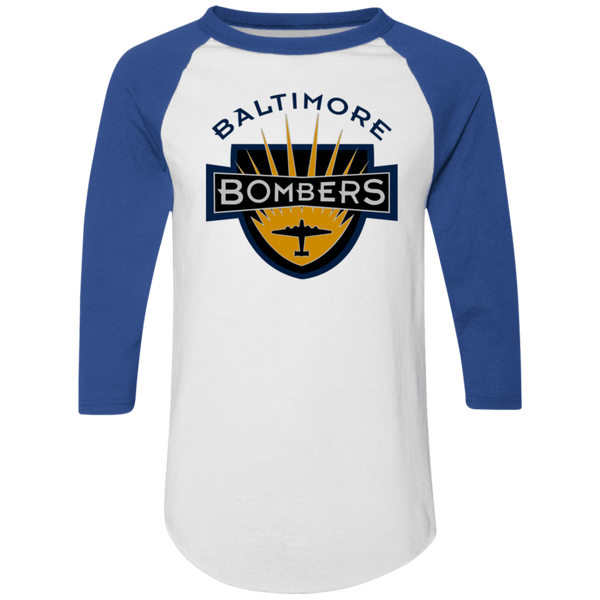 Baltimore Bombers Raglan Shirt 3/4 Sleeve NFL Football Team Sports Fan Apparel color White/Royal Blue