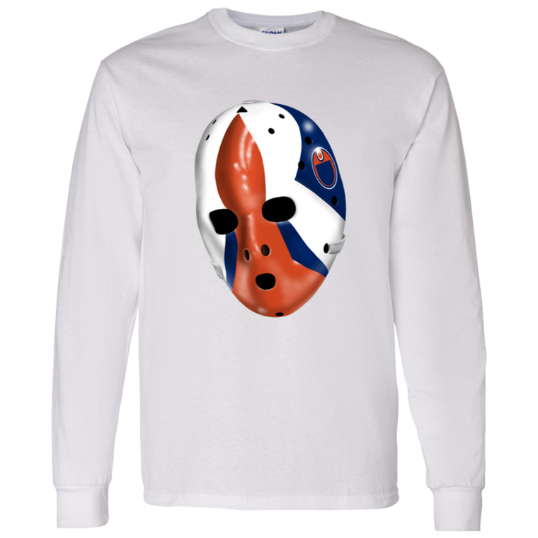 Edmonton Oilers NHL Grant Fuhr Goalie Mask Long Sleeve Shirt color White