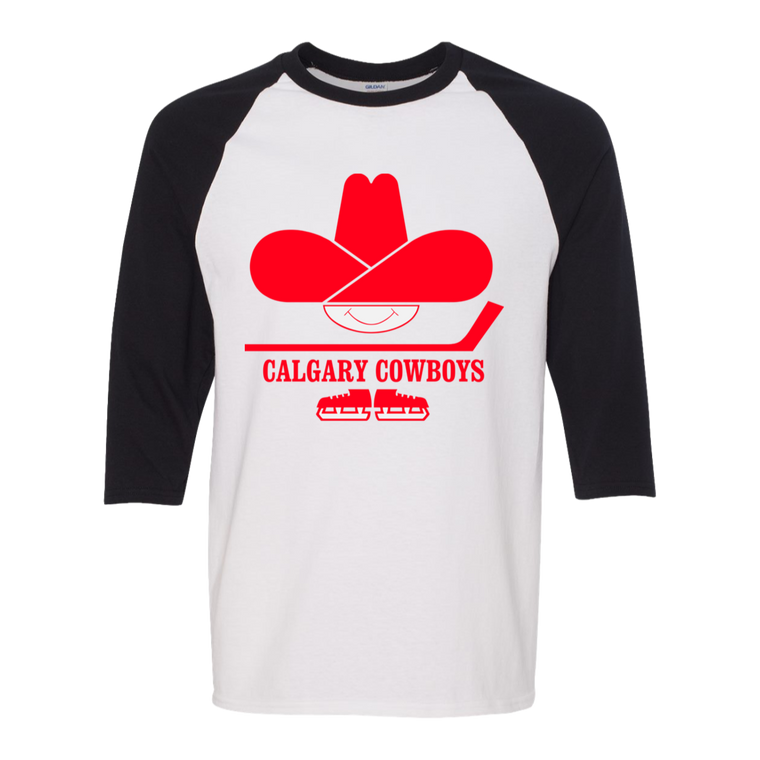 Calgary Cowboys WHA Hockey Raglan Shirt  3/4 Sleeve in White/Black