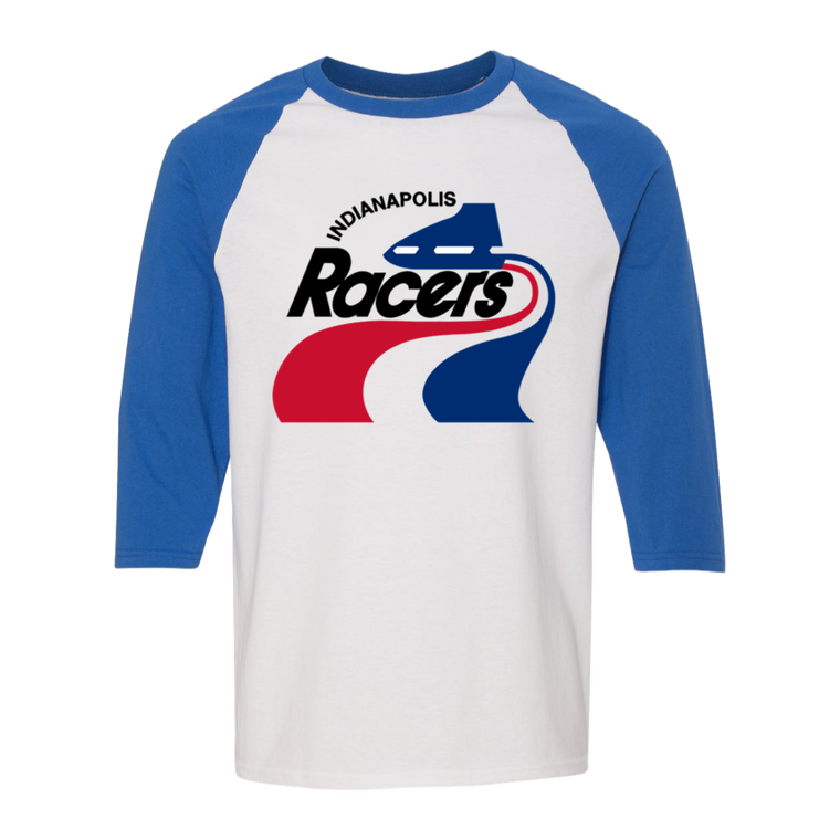 Indianapolis Racers WHA Hockey Raglan Shirt  3/4 Sleeve in White/Royal Blue