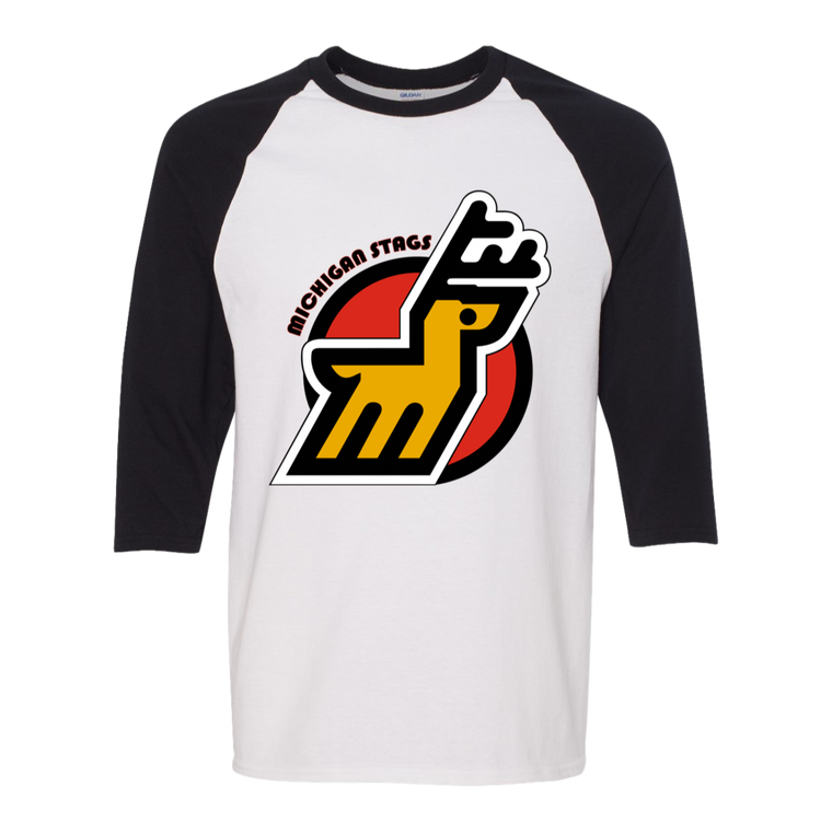 Michigan Stags WHA Hockey Raglan Shirt  3/4 Sleeve in White/Black