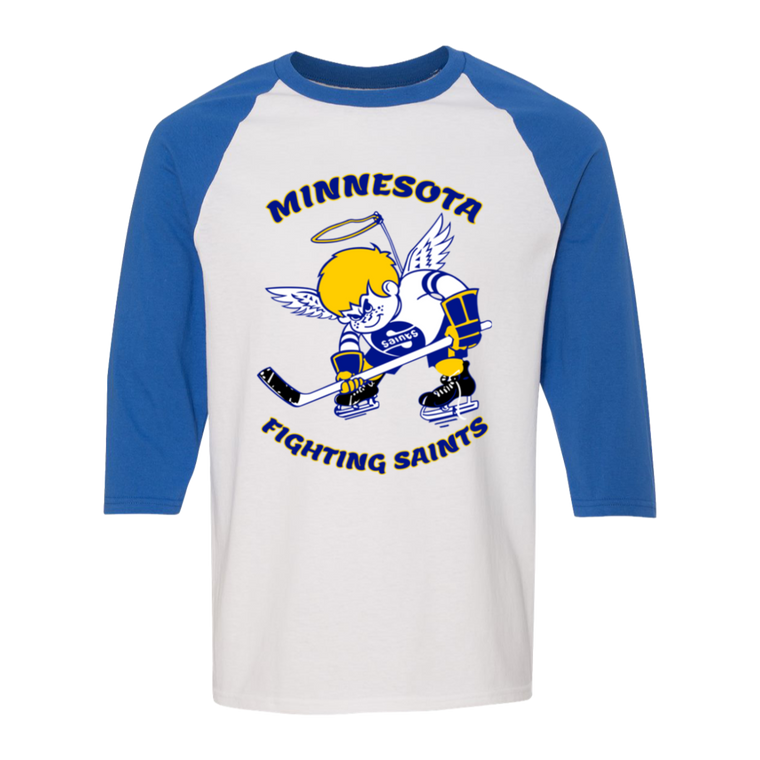 Minnesota Fighting Saints WHA Hockey Raglan Shirt  3/4 Sleeve in White/Royal Blue