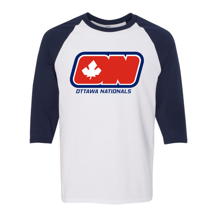 Ottawa Nationals WHA Hockey Raglan Shirt  3/4 Sleeve in White/Navy