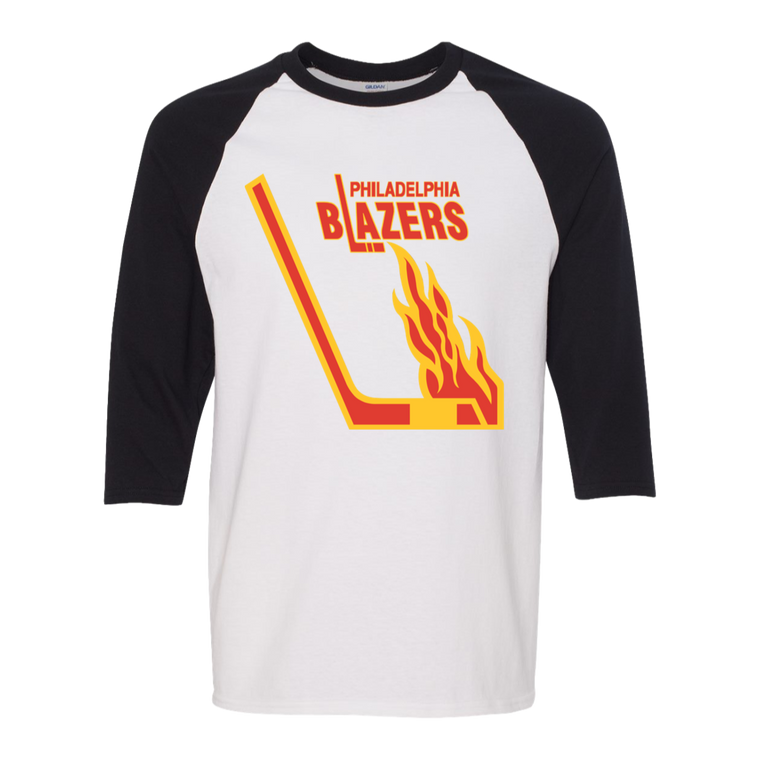 Philadelphia Blazers WHA Hockey Raglan Shirt  3/4 Sleeve in White/Black