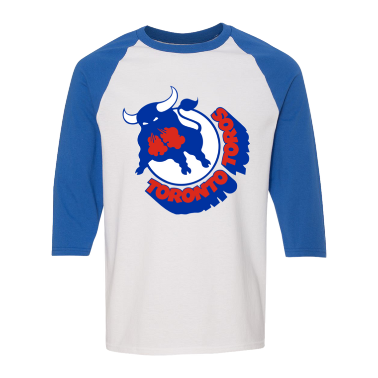 Toronto Toros WHA Hockey Raglan Shirt  3/4 Sleeve in White/Royal Blue