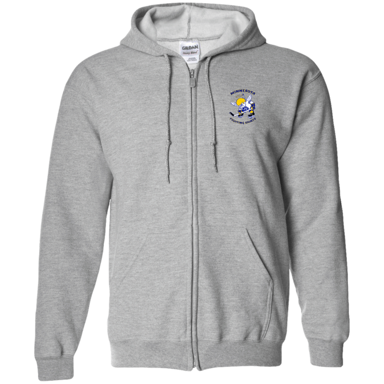 Minnesota Fighting Saints WHA Hockey Team Full Zip Hoodie front view in Sport Grey