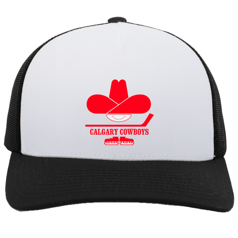 Calgary Cowboys WHA Hockey Team Snapback Trucker Cap in White/Black