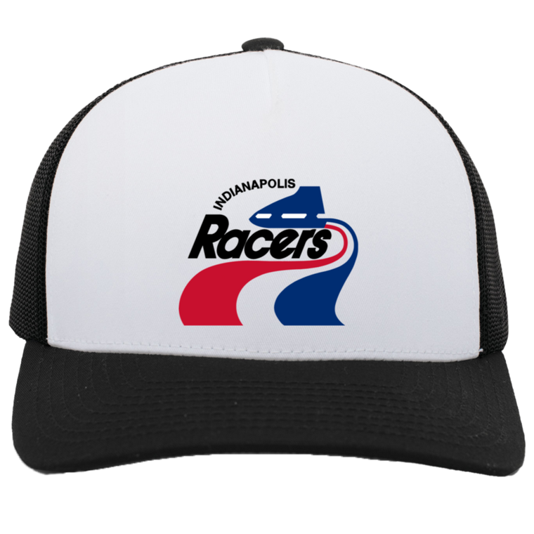 Indianapolis Racers WHA Hockey Team Snapback Trucker Cap in White/Black