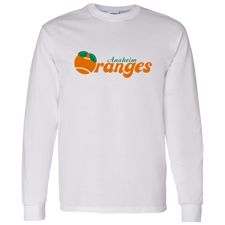 Vintage-style Anaheim Oranges WTT long sleeve T-shirt with retro 1970s tennis team logo graphic in white