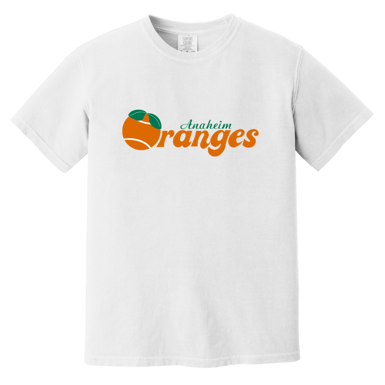 Vintage-style Anaheim Oranges WTT T-shirt with retro 1970s team logo graphic in white