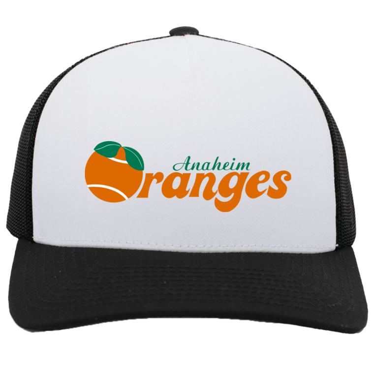 Vintage Anaheim Oranges World Team Tennis trucker cap with seamless 5-panel front and retro logo in white/black