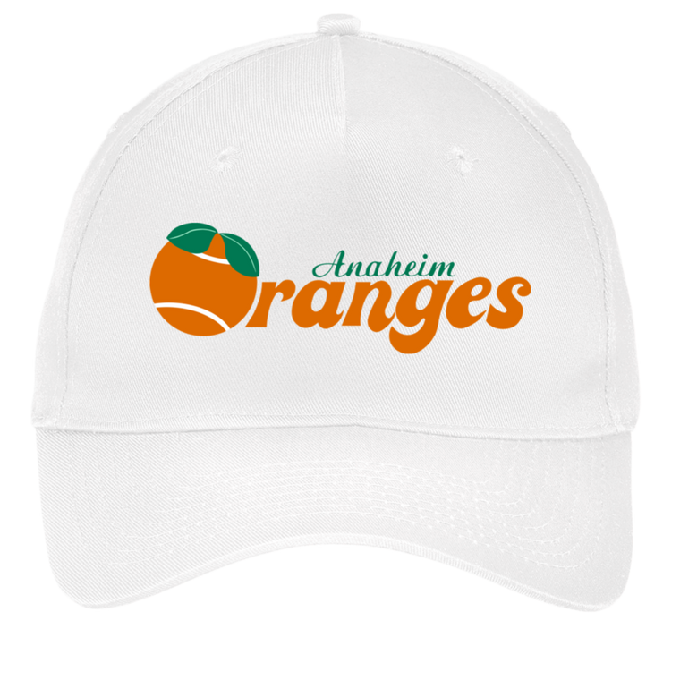 Vintage Anaheim Oranges World Team Tennis twill cap with seamless 5-panel front and retro logo in white