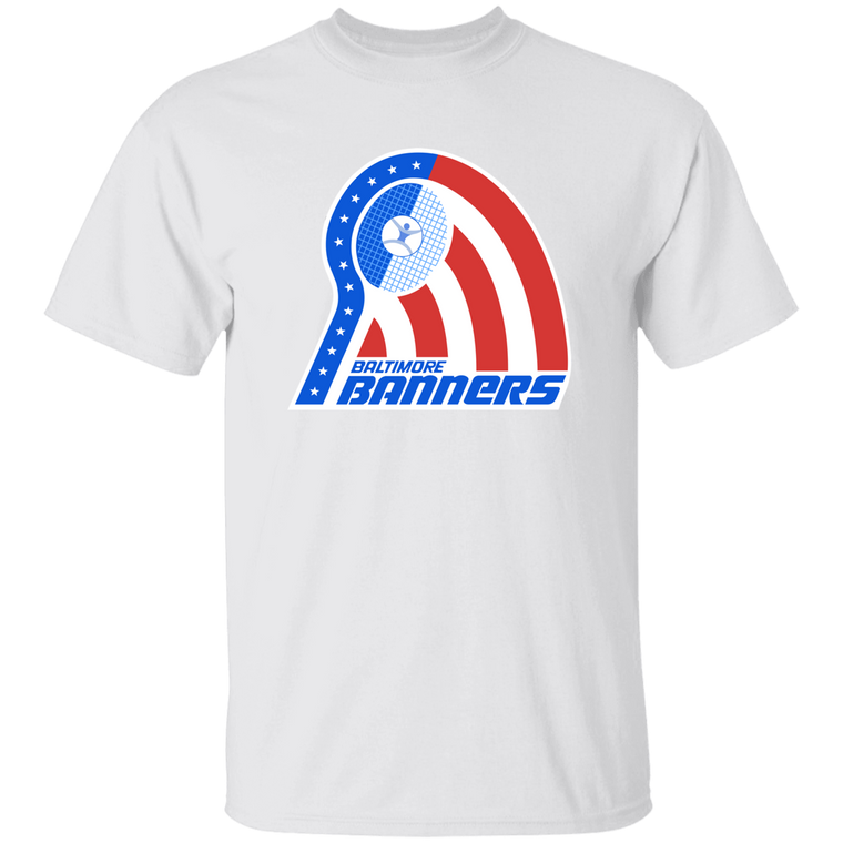 Vintage-style Baltimore Banners WTT T-shirt with retro 1970s team logo graphic in white