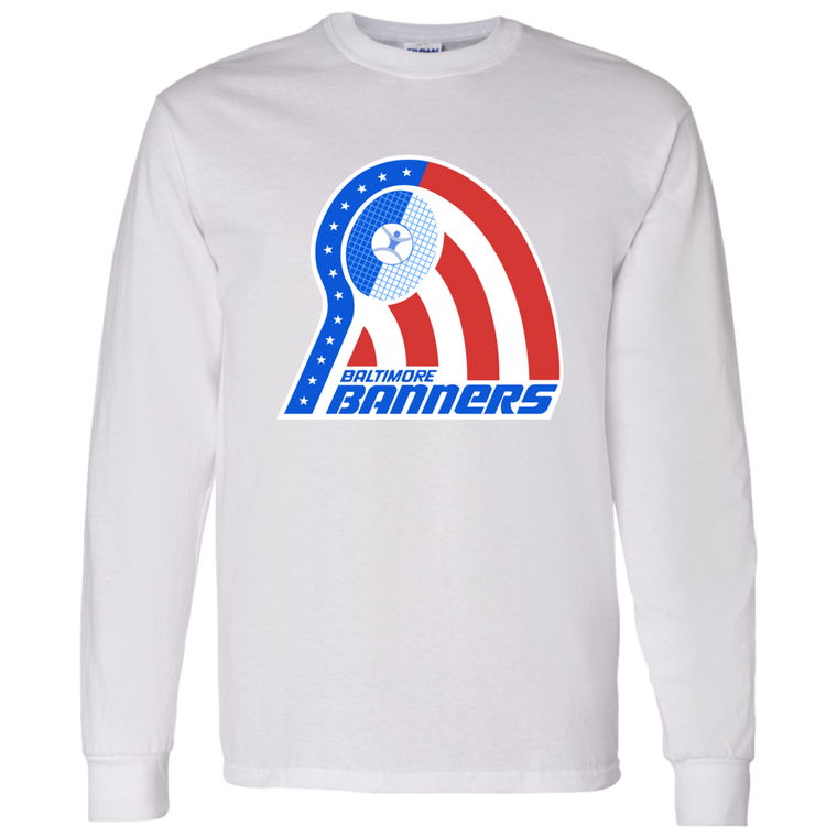 Vintage-style Baltimore Banners WTT long sleeve T-shirt with retro 1970s tennis team logo graphic in white