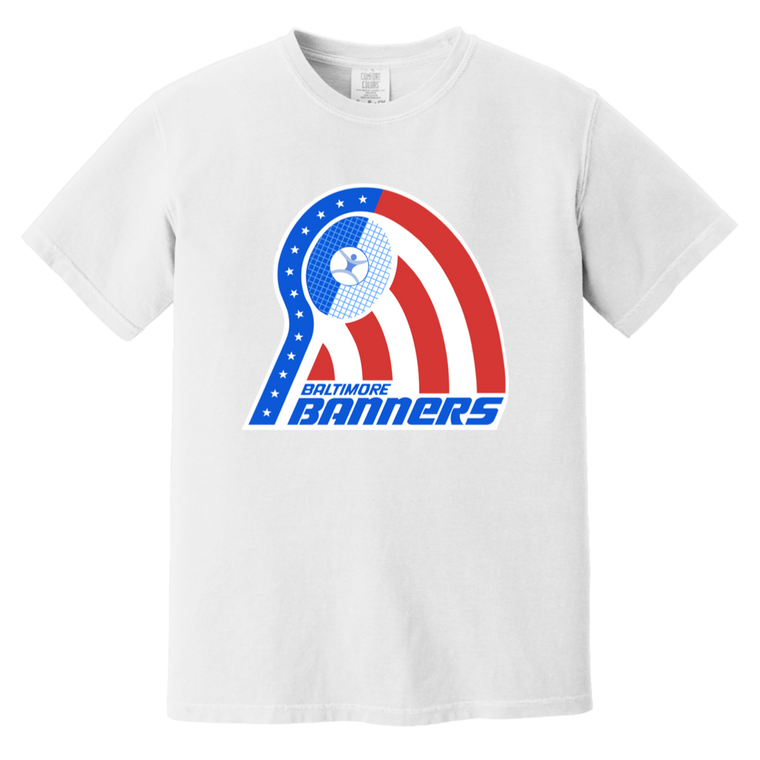 Vintage-style Baltimore Banners WTT T-shirt with retro 1970s team logo graphic in white