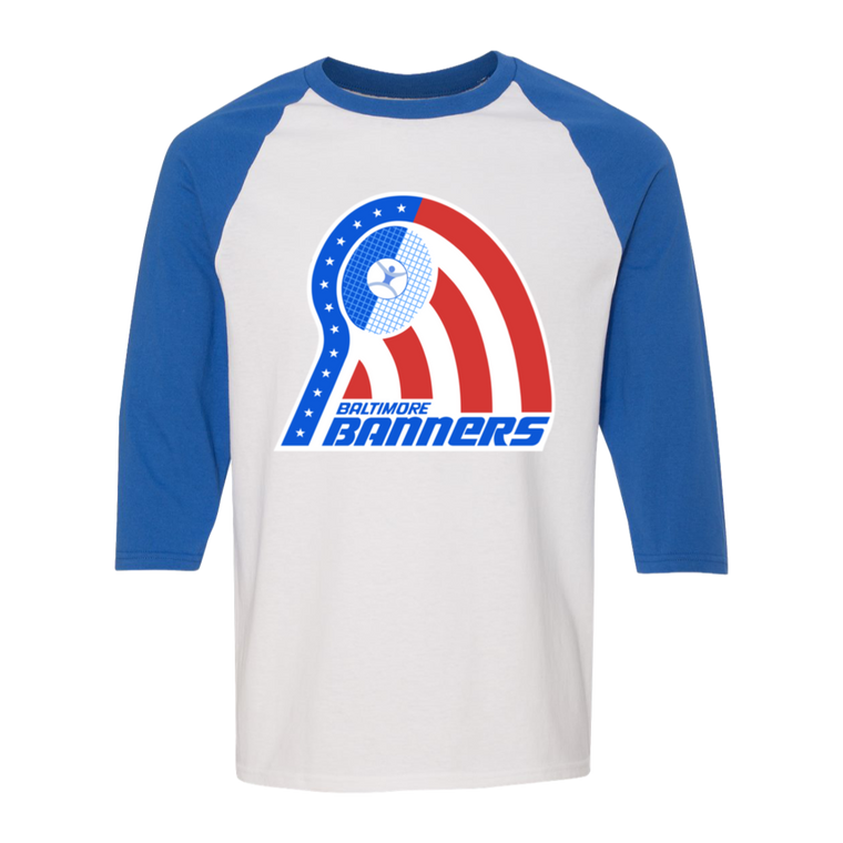 Retro Baltimore Banners Raglan 3/4 sleeve t-shirt featuring vintage WTT tennis team logo in white/royal blue