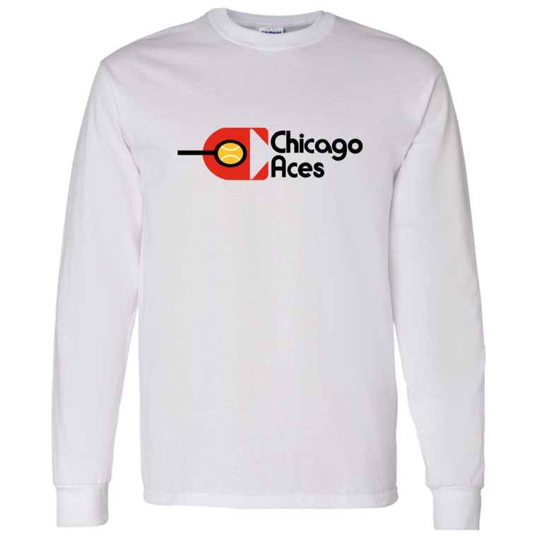 Vintage-style Chicago Aces WTT long sleeve T-shirt with retro 1970s tennis team logo graphic in white